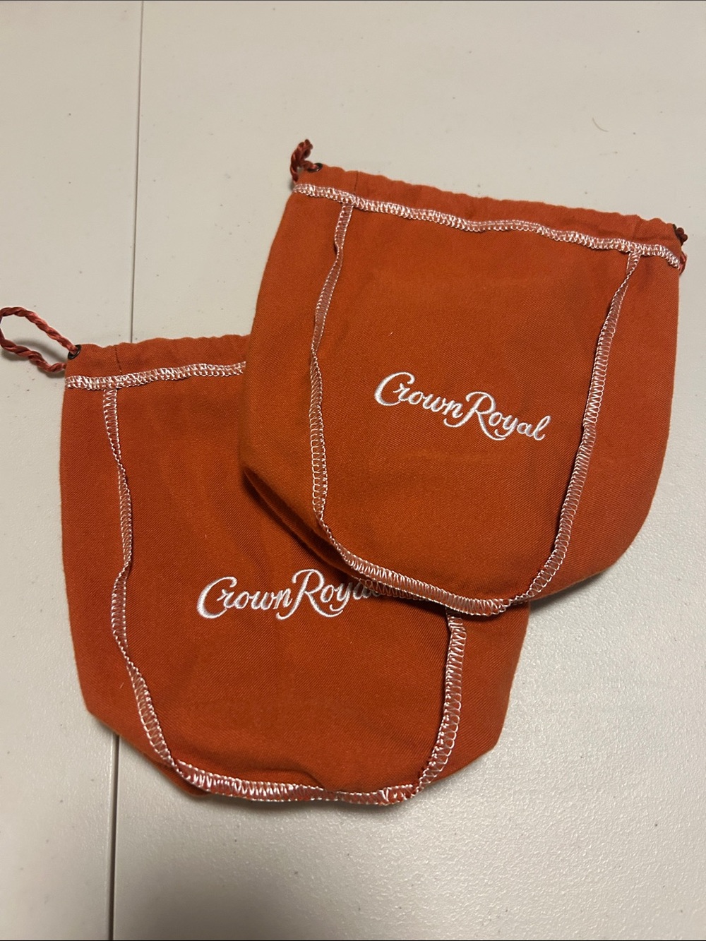 Two (2) Crown Royal Drawstring Pouches - Orange